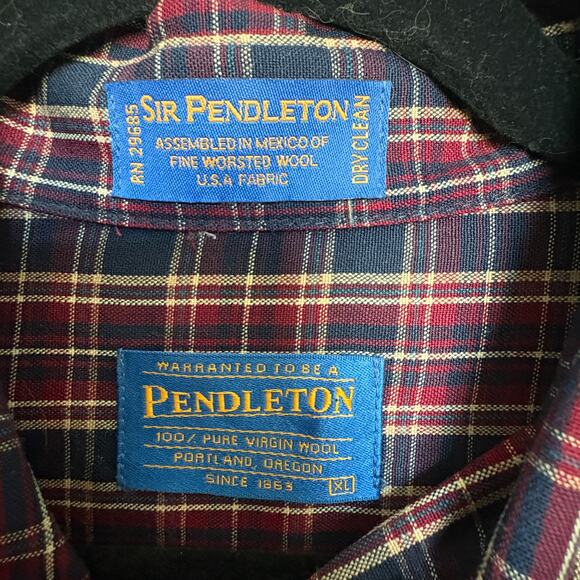 Pendleton Virgin Wool Plaid Button Shirt Burgundy Navy XL Old Money Western - Picture 3 of 7